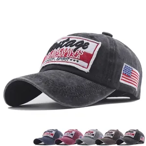 Washed Cotton Baseball Cap Distressed Frayed Edge Vintage American USA Embroidery US Flag Patch Adjustable Retro Sun Hat