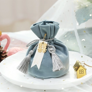 Morandi blue velvet wedding favor bag with tassel and golden double happiness pendant