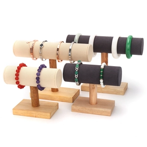T-bar wooden jewelry display stand with beige and grey velvet for bracelets and necklaces