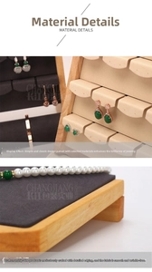 Detailed view of wooden jewelry display organizer with velvet slots for earrings and necklaces