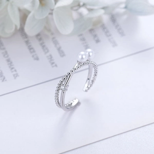 Minimalist double-layer adjustable ring with white pearls and sparkling zircon accents