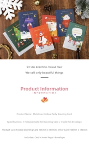 Close-up of hollow Christmas cards with gold foil envelopes on a wooden table