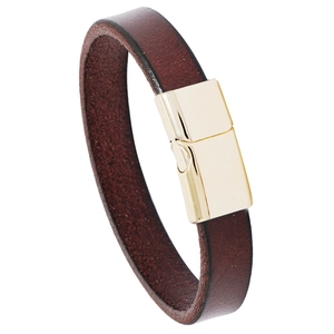 Vintage brown leather bracelet for men and women with a polished gold magnetic alloy clasp