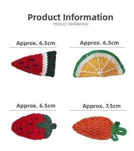 Detail showing 6.5cm and 7.5cm handmade crochet fruit hair clips in a four-grid layout