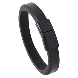 Minimalist black leather bracelet with sleek black magnetic alloy clasp on white background