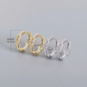 S925 sterling silver chain link hoop earrings with zircon, size 14.1mm height