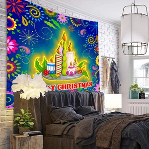 Detail of Christmas wall tapestry featuring candles and flowers in a cozy bedroom setting