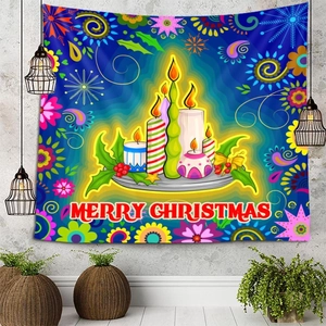 Detail of Christmas wall tapestry featuring colorful candles and Merry Christmas text