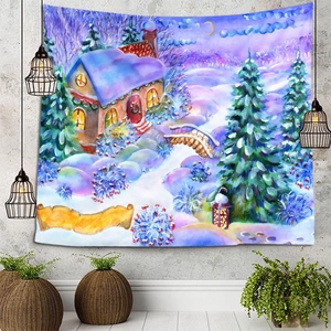 Winter snow scene tapestry with cozy cottage and pine trees hanging on a grey wall