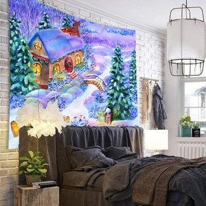 Detailed winter snowy cabin landscape tapestry displayed on a brick bedroom wall decor