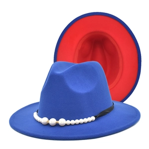 Chapeau fedora en laine bicolore bleu et rouge avec ruban de perles élégant pour femme