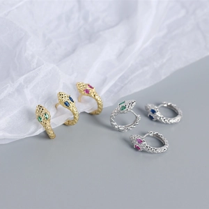 S925 sterling silver snake hoop earrings with colorful gemstones in gold and silver finish