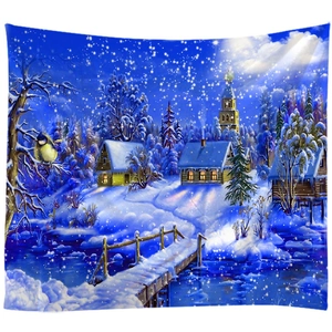 Winter landscape tapestry with snow-covered cabin and blue bird on a white background