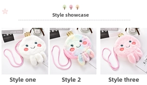 Detailed view of plush jellyfish bags in various colors with golden crown and braided strap