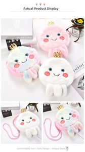 Detail of cute plush octopus bag with golden crown and colorful gradient texture