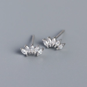 Macro shot of S925 silver fan-shaped stud earrings with marquise-cut sparkling zircon