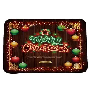 Merry Christmas flannel floor mat with festive ornaments on dark wood texture background