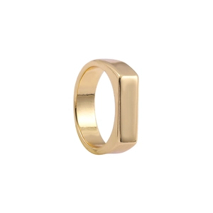 Macro shot of minimalist gold rectangle signet ring with smooth polished metallic finish