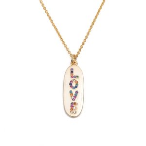 Gold necklace with an oval pendant featuring colorful LOVE zircon gemstones