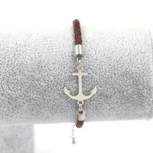 Adjustable brown braided leather anchor bracelet for men and women in stainless steel