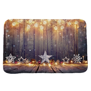 Absorbent flannel Christmas floor mat with festive ornaments and vintage wood pattern
