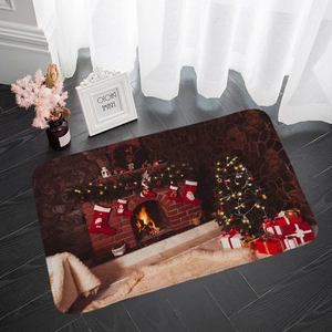 Christmas flannel absorbent door mat with festive fireplace and tree scene on dark floor