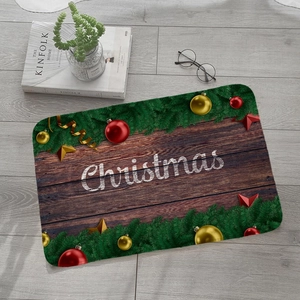 Detailed top view of a Christmas flannel mat with wood grain and festive ornaments