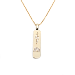Golden rectangular pendant necklace with sparkling crystal lightning and horseshoe patterns