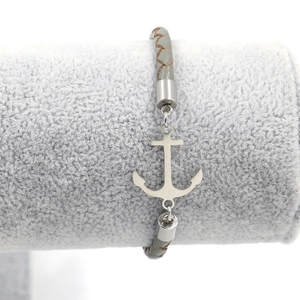 Adjustable gray braided leather bracelet with silver anchor pendant for men and women