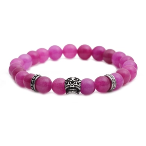 8mm rose purple stone beads bracelet with silver skull charm on white background