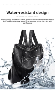 Dettaglio dello zaino impermeabile in pelle PU nera con texture geometrica e schizzi d'acqua reali