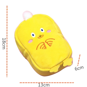 Detail view of yellow plush duck pencil case showing dimensions 18cm x 13cm x 6cm