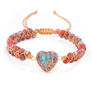 Handmade heart emperor stone wrap bracelet with colorful beads and woven adjustable rope