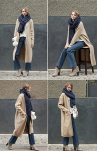 Chunky knit scarf styled with beige cardigan and denim for a cozy winter outfit look