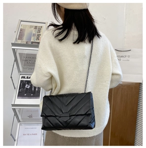 Rear view of a black quilted crossbody bag with a slim chain strap on a model