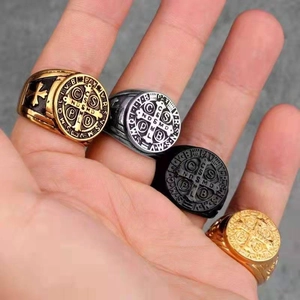 St Benedict Medal Ring Vintage Stainless Steel Religious Cross Relief Signet Ring For Men Jewelry Punk Style Retro