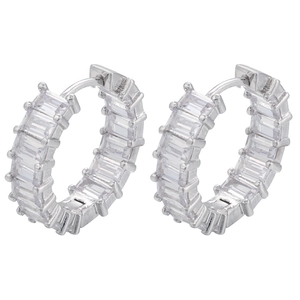 Silver huggie hoop earrings with micro-paved rectangular cubic zirconia stones