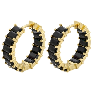 Detail of gold hoops with rectangular black zircon stones and micro-pave setting