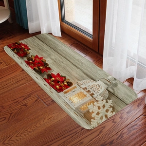 Christmas flannel absorbent doormat with red poinsettia and lantern on wood background