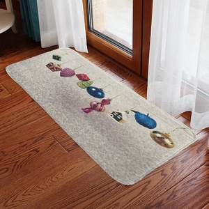 Festive Christmas flannel floor mat with colorful ornaments on dark wood flooring