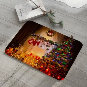 Christmas flannel absorbent door mat with festive fireplace and tree pattern on wood floor