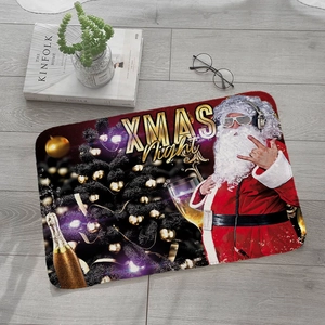Flat lay of Christmas flannel rug with cool Santa design on light wooden floor