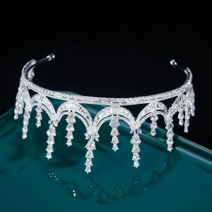 Elegant silver bridal crown with cascading rhinestone tassels for wedding banquets