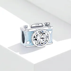 S925 sterling silver camera charm with blue enamel heart and sparkling zircon stone