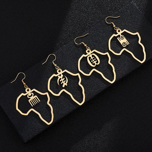 Africa Map Dangle Earrings Stainless Steel Hollow Adinkra Gye Nyame Symbol Ethnic Style Fashion Jewelry Women