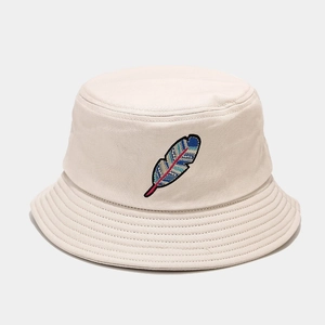 Retro cotton bucket hat with colorful feather embroidery for outdoor sun protection