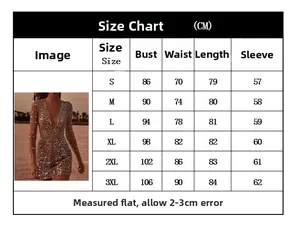 Size chart detail for sequin mini dress showing bust, waist and length measurements