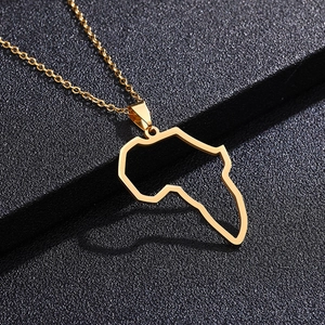 Polished gold stainless steel Africa map pendant necklace set with delicate chain link