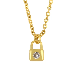 Titanium steel gold necklace with heart lock pendant and inlaid cubic zirconia gem