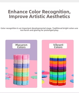 Comparison of macaron and bright colored flower-shaped plastic building blocks for kids